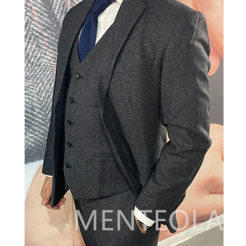 Wool Herringbone Men Suits for Winter Notched Lapel 3 Piece Wedding Groom Tuxedo Business Gray Male Fashion Jacket Vest Pants