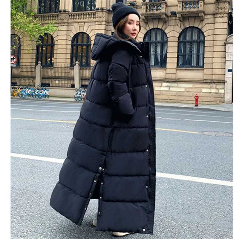 2023 Winter Down Cotton Jackets Womens Clothing Side Button Long Parkas Hooded Warm Winter Coats Female Black Overcoats fp435X241019
