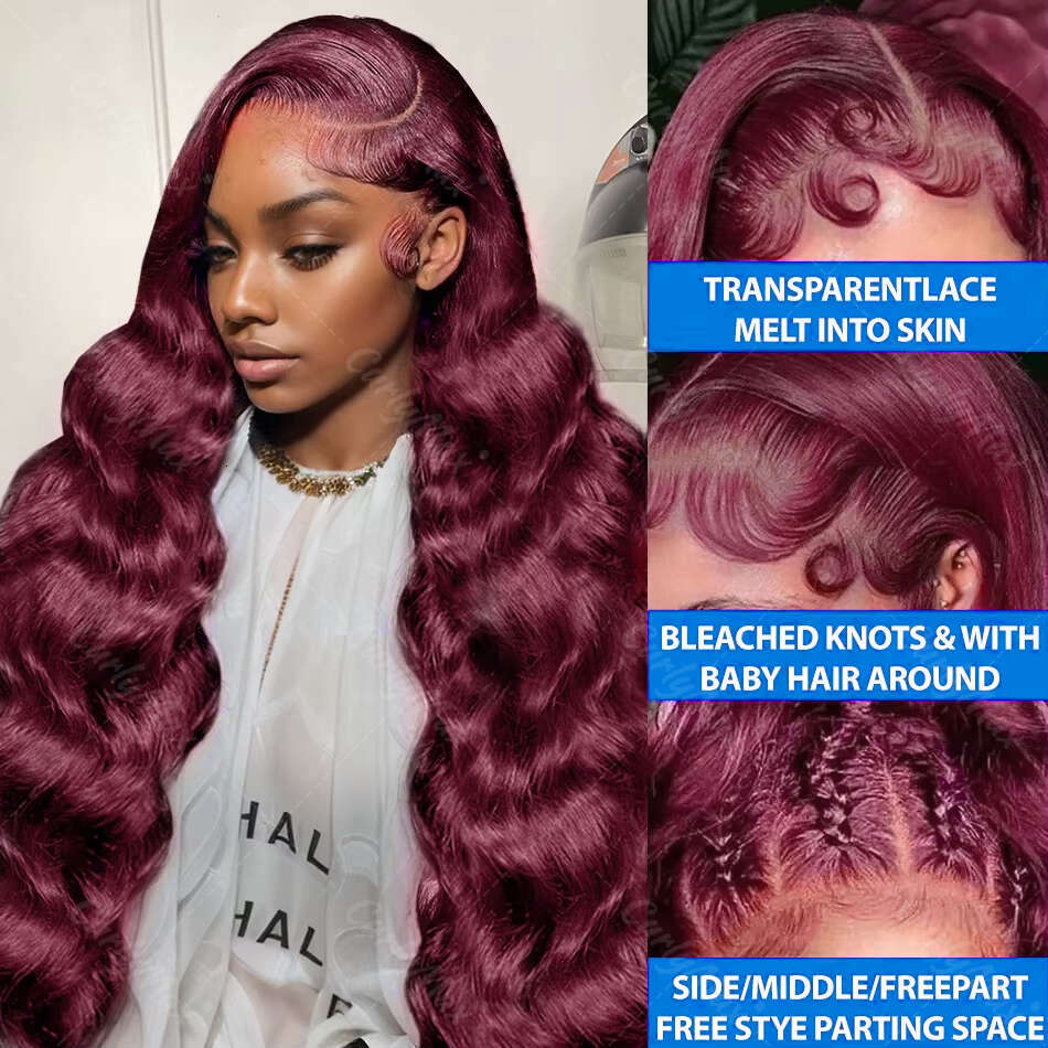 Luvin 99J Bury Body 13x4 13x6 Lace Frontal 30 32 Inches Water Wave 200% HD Transparent Human Hair Wigs For Women