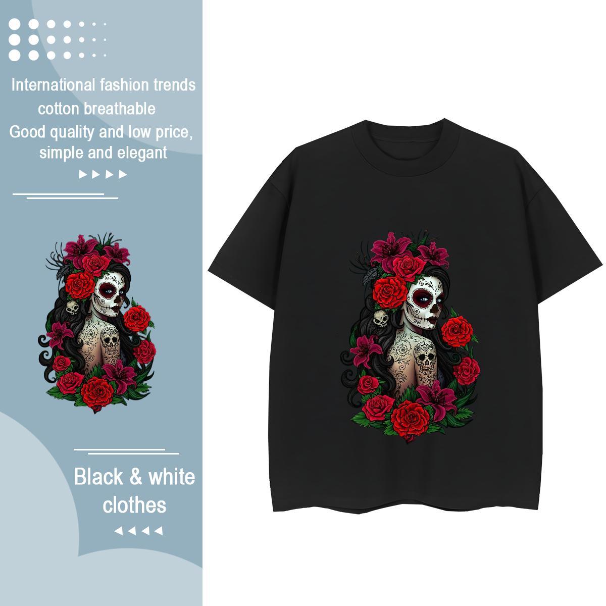 2024 DIY T Shirts Women 230g Cotton O Neck Short Sleeves High Street Hip Hop flower Tshirt for Man Woman Lady DIY Printed Tees
