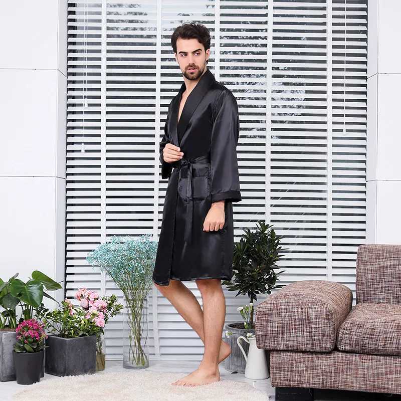 Large Size Men Robe Kimono Bathrobe Gown with Pocket Black Silk Satin Sleepwear Nightwear Spring Summer Homewear 5XL 6XL 7XLXJ241018