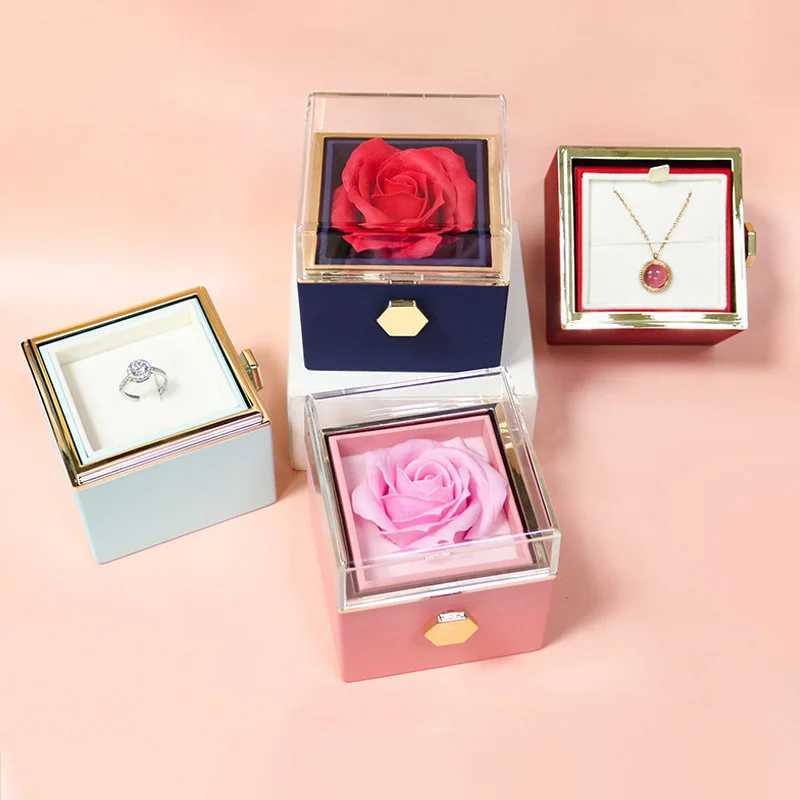 New Rotating Rose Jewelry Gift Box Valentines Day Wedding Acrylic Ring Box Necklace Storage Rose Jewelry Display Stand W241019
