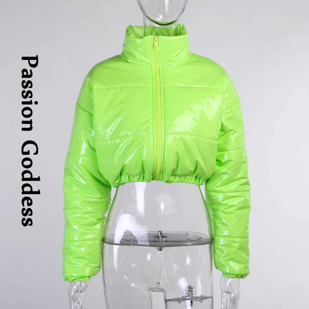 Women's Down Parkas Fashion Cool Women Bright PU Puffer Jackets Stand Collar Warm Bubble Coats Shiny Leather Parkas Down Zipper Crop Jackets Wint