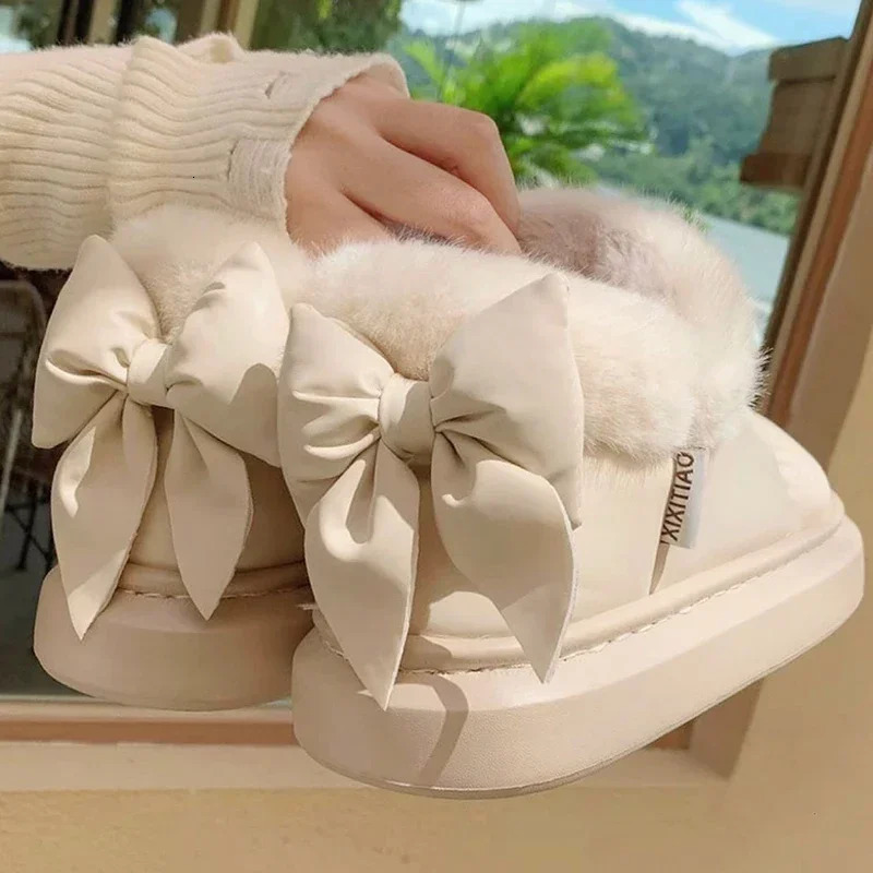 Womens Snow Boots Winter Warm Thick Ankle Boots Outdoor Anti Slip Furry Bow Cotton Shoes Comfortable Waterproof Plush Boots 241010