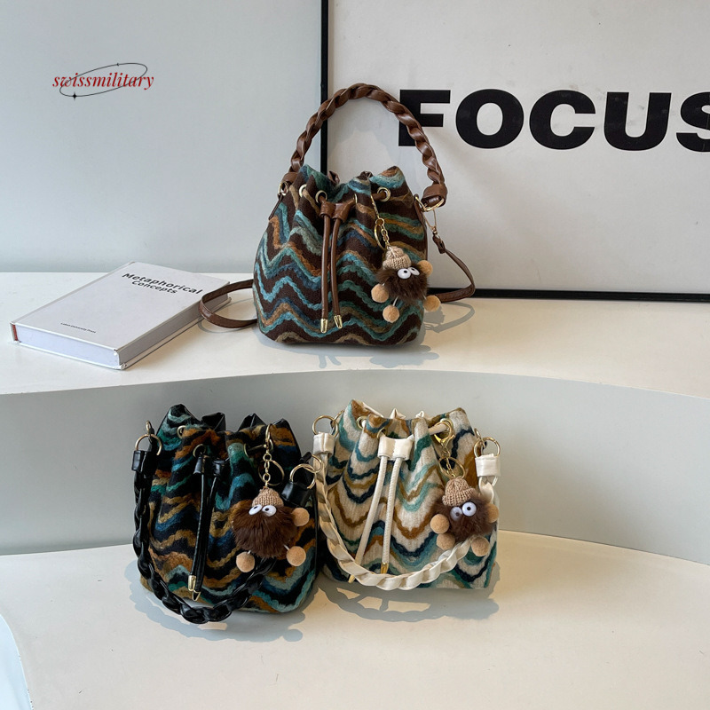 Spring/Summer Bohemian Knitted Pattern Small for Women 2024 New Fashion Color Contrasting Crossbody Pulling Rope Bucket Bag #20 swissmilitary