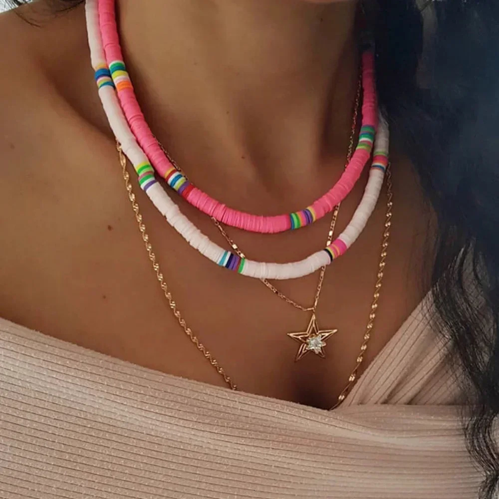 Bohemian Colored Clay Necklace Suitable for Women Bohemian Rainbow Polymer Clay Beads Adjustable Necklace Womens Jewelry 241018