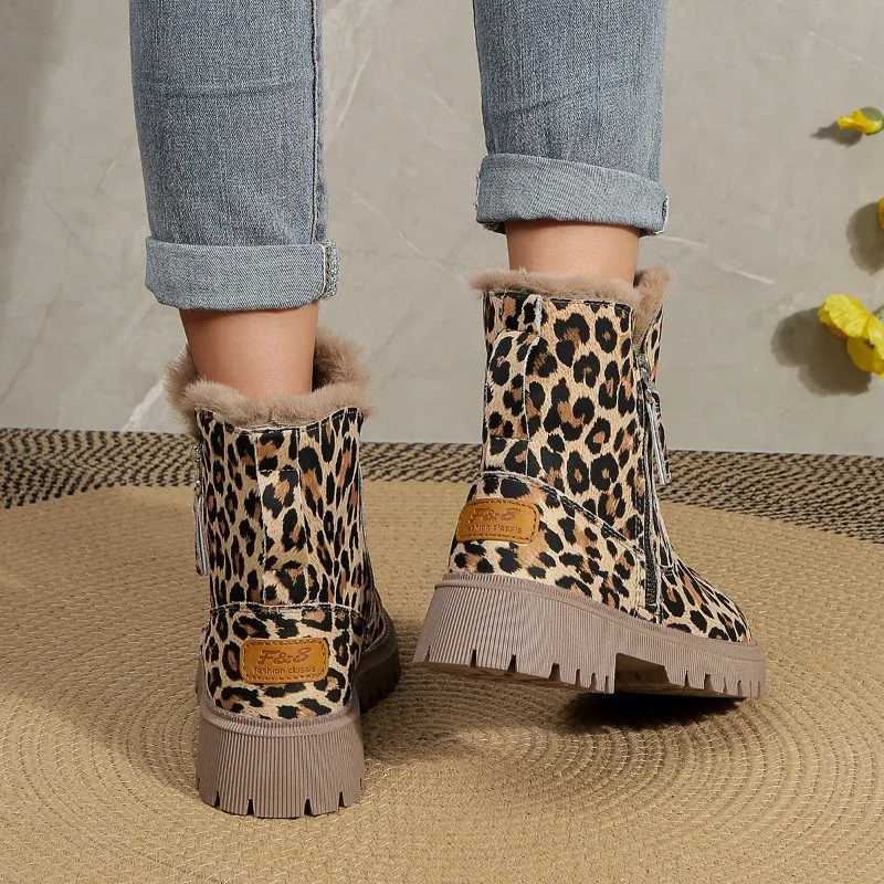 2023 Zipper Womens Boots Fashion Leopard print Daily Boots Womens Hot Selling Round Toe Platform Keep Warm Mid calf Y241019