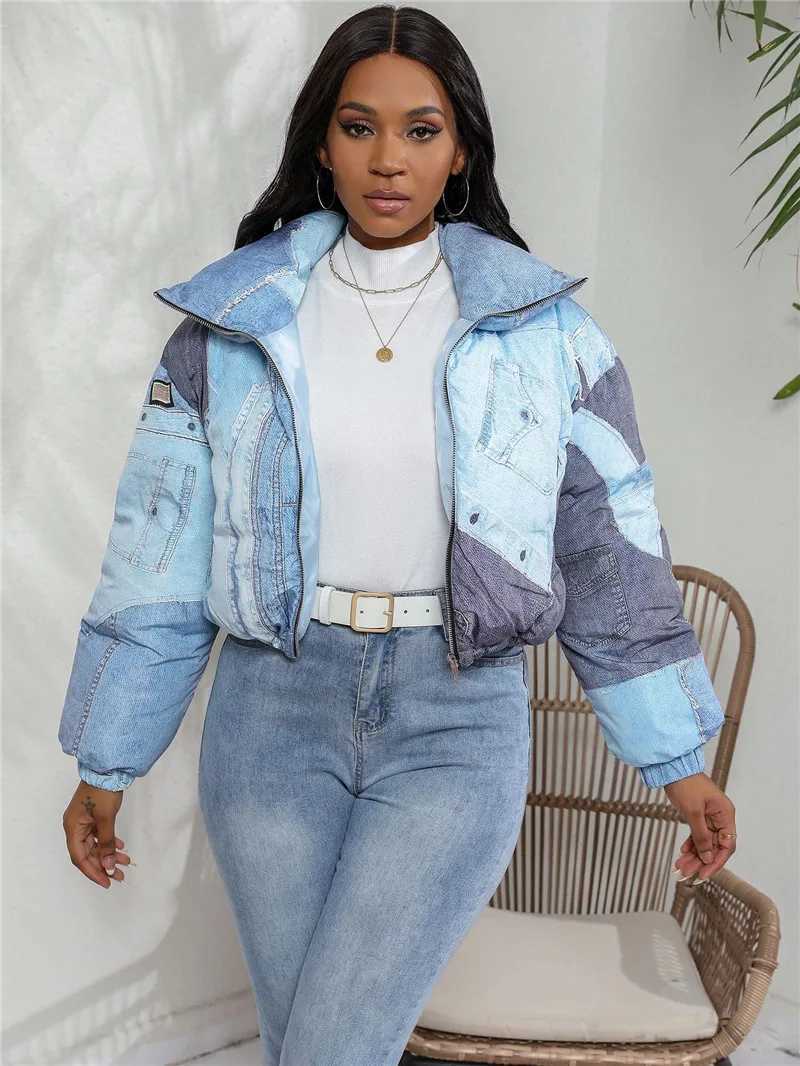 Women's Down Parkas New 2023 Womens Winter Denim 3D Printed Zipper Puff Crop Jacket Parkas Warm Thick Turtle Collar Zipper Bread Jacket Coat Y241