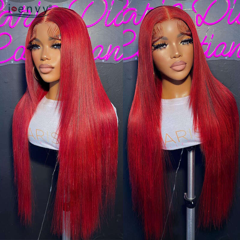 13X6 Hot Red Frontal Human Hair Wigs Bone Straight 13X4 Hd Transparent Bury 99J Colored Lace Front Wig