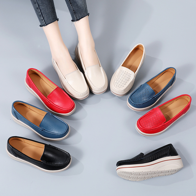 Large size 4-color sponge cake women's shoes 35-42, thick soled rocking shoes with 5cm sloping heel, fashionable cowhide women's shoes