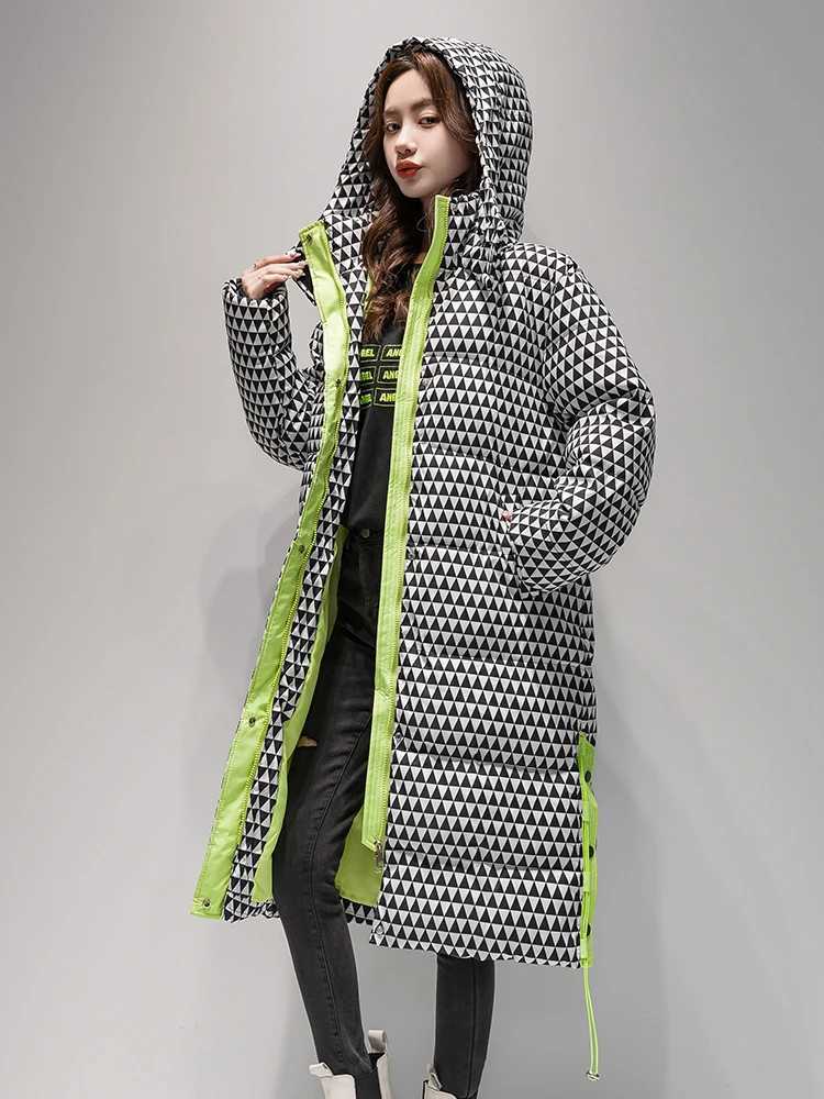2023 Winter Warm Plaid Long Coat Women s Fashion Thicken Hooded Puffer Jacket Female Windproof Warm OutwearX241019