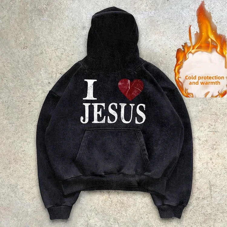 autumn and winter cashmere thick washed hoodie I Love Jesus Print Graphic Black Acid Washed Pullover Hoodie 241019