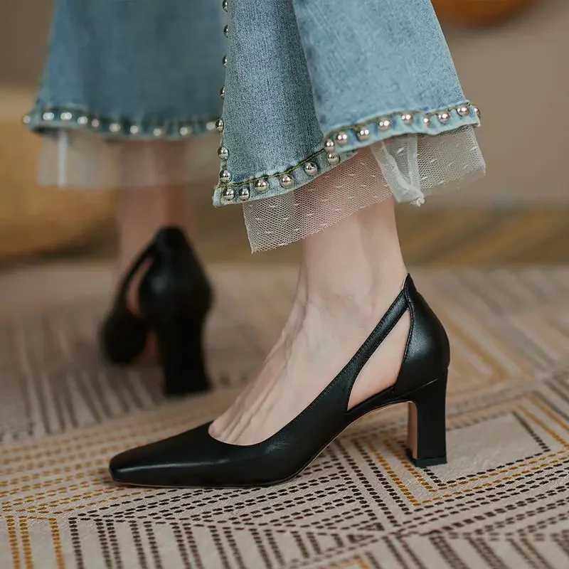Thick high heels ordinary leather casual chunky high heels nude women footwear office womens shoes square toe pump Y241019