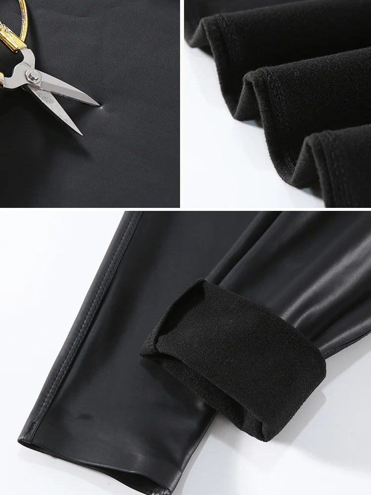 Autumn Winter Women Fleece Matte Leather Leggings High Quality Sheepskin Waist Elastic PU Pants Slim Sexy 241007