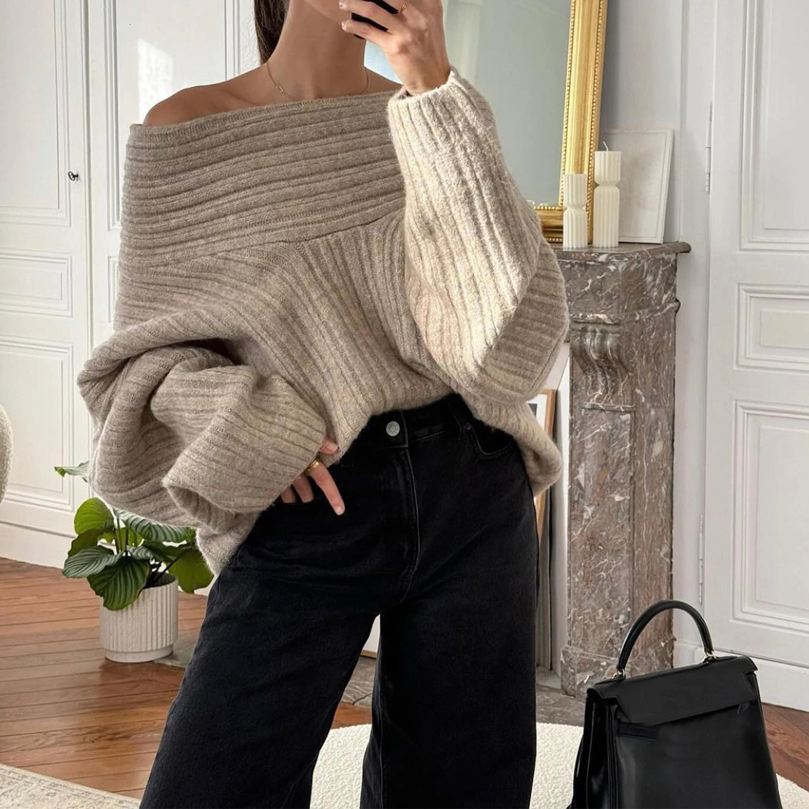 Combhasaki Womens Y2K Vintage Loose Knitted Sweaters Solid Color Long Sleeve Boat Neck Off Shoulder Pullovers Aesthetic Jumpers 241010