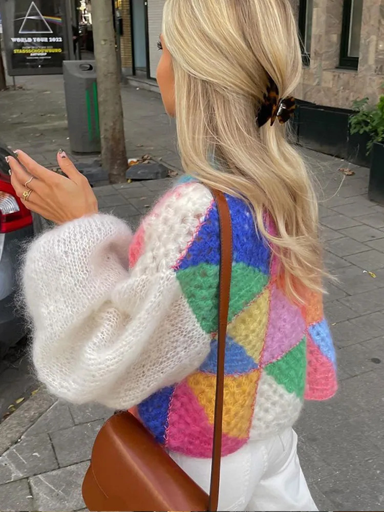 Sleeve Patchwork Female Sweaters Elegant Casual Lady Top Hollow Out Colorful Kint Cardigan Women Sweater Autumn Long Puff 241009