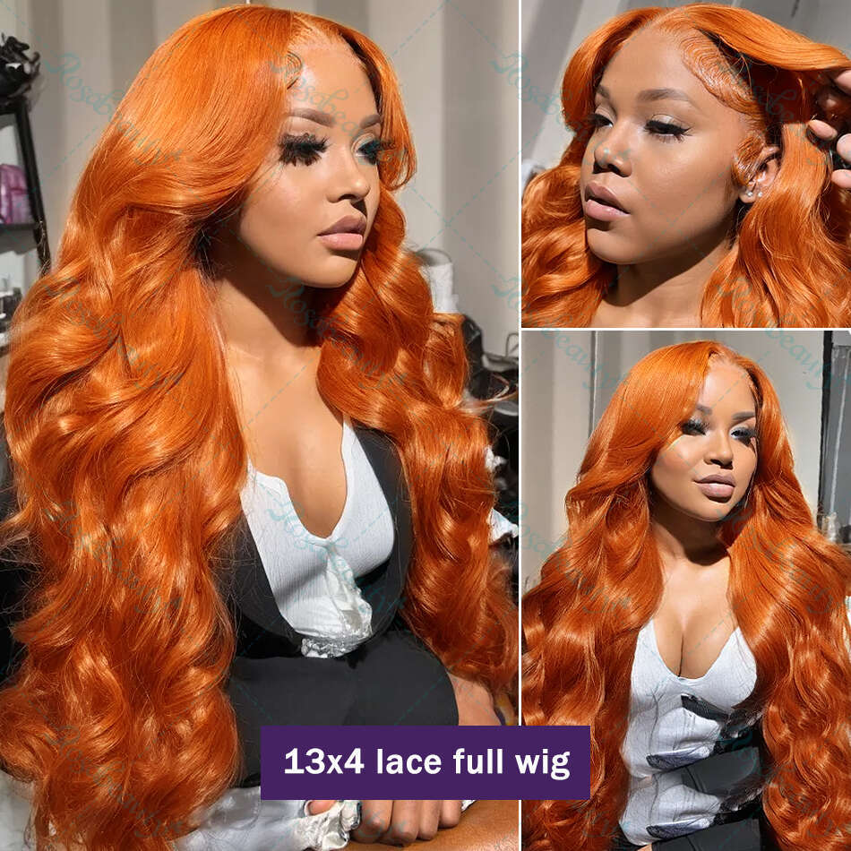 Ginger Orange Body Wave 13x4 Front Wigs Human Hair 13x6 13x7 Frontal Pre Plucked Hd Transparent Lace 350 Color Wig