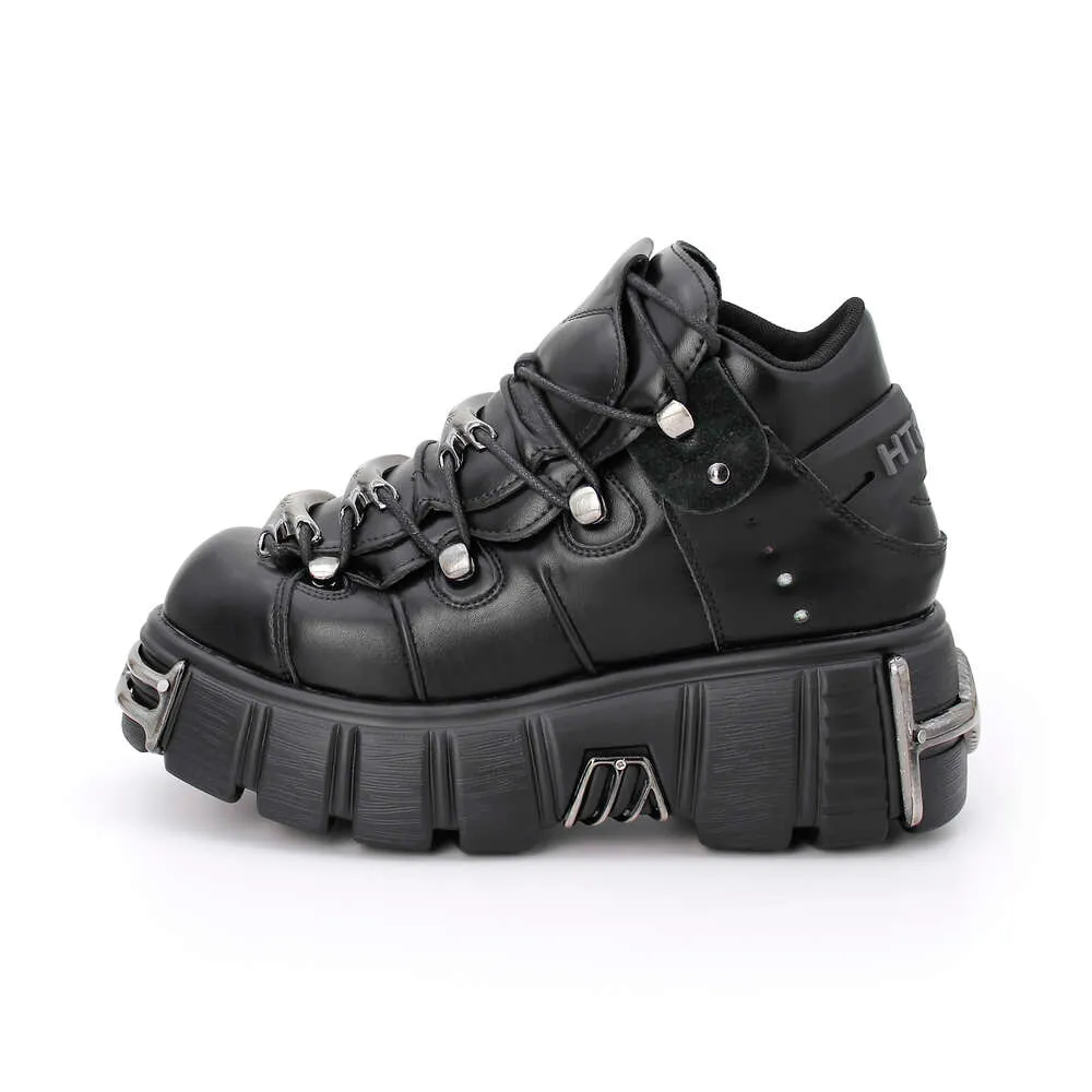 NEW Punk Style Mens Shoes Women Lace-Up Heel Height 6Cm Platform Shoes Gothic Ankle Rock Boots Metal Decor Woman Sneakers