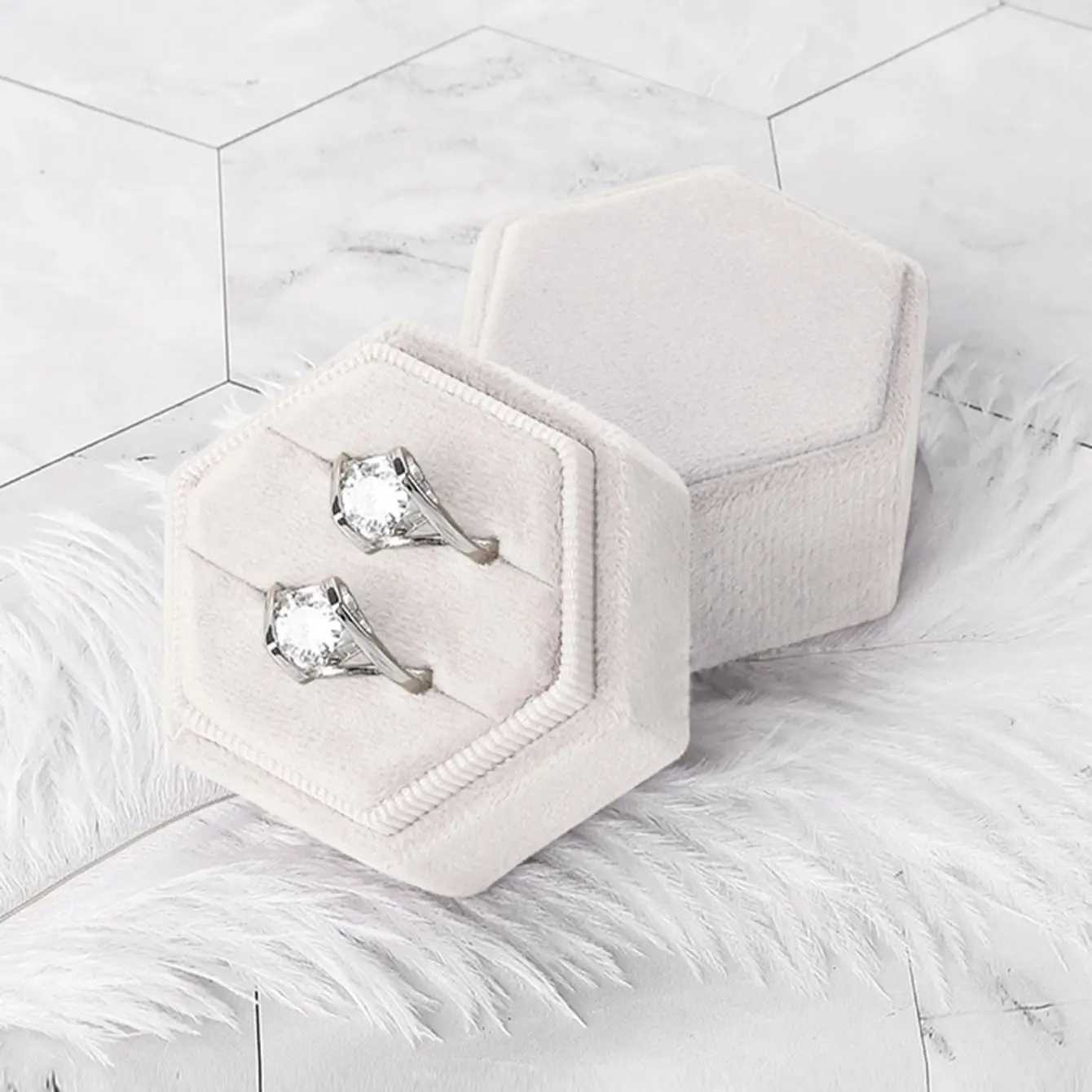 1 velvet double ring box hexagonal wedding ceremony ring box with detachable ceiling box W241019