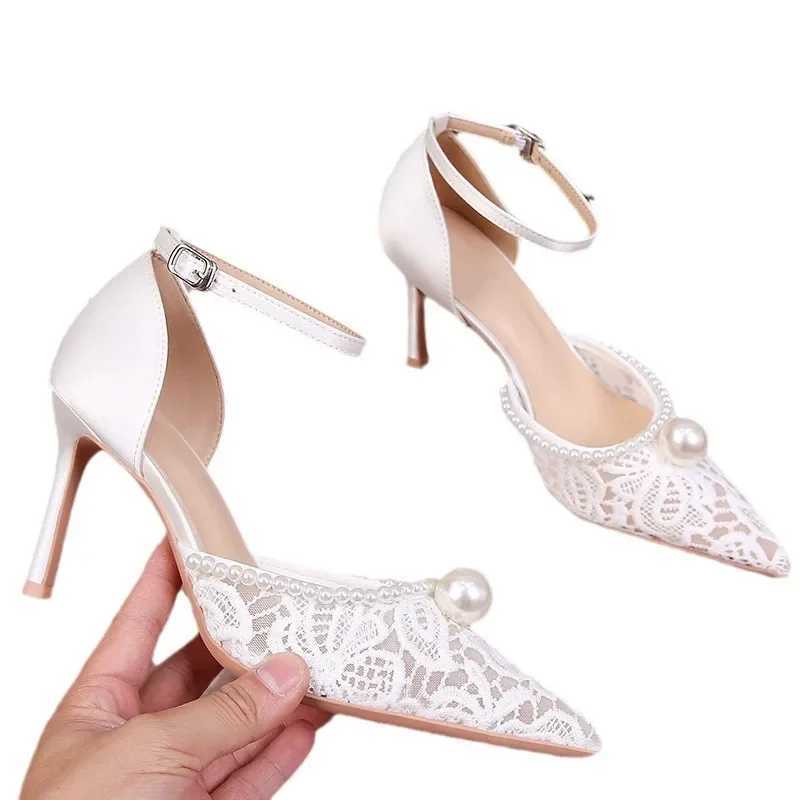 New single strap toe hollow sandals for women French lace wedding dress bridal shoes mesh pearl high heels Y241019