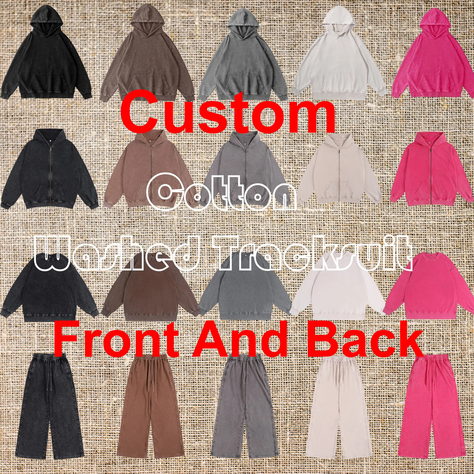 DIY Custom Cotton Washed Hoodie Zipper Sweatshirt Pants Tracksuit Men Women Retro Loose Distressed HipHop Oversized Big 241019