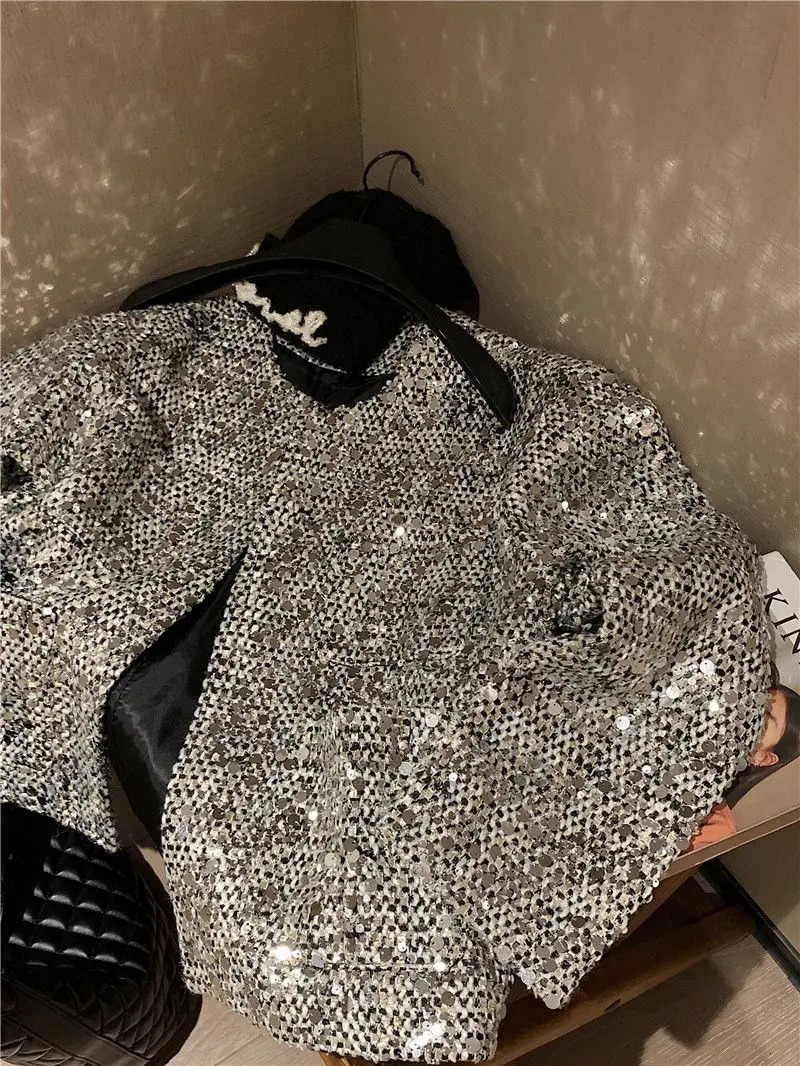 Short Coat Top Tweed Heavy Industry Sequins Jacket Women Clothes Chaquetas Para Mujer Ropa Korean Chic Loose Roupas Femininas 241019