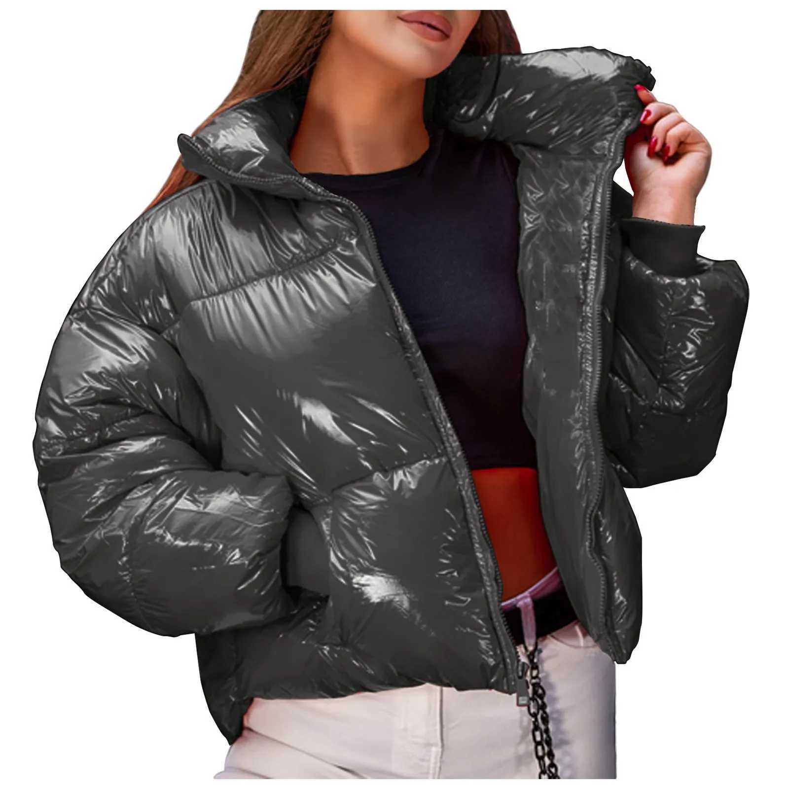 Women's Down Parkas Womens shiny stand up collar winter jacket solid color down jacket long Slve zipper pocket jacket warm jacket Y241019C5XX