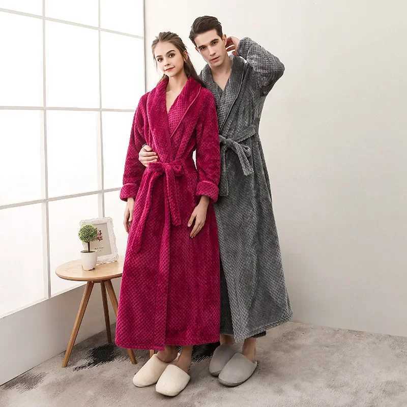 Autumn Winter Bath Robe Thick Flannel Couple Pajamas Nightgown Long Sleeve Bathrobe Fleece Loungewear Sleepwear Warm Robes NewXJ241018