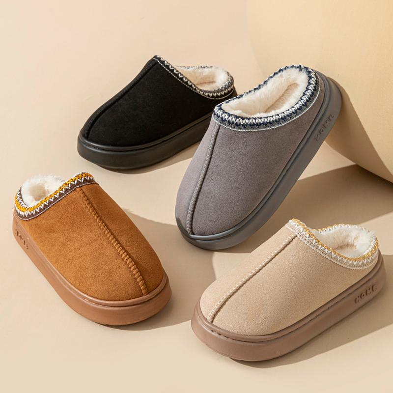 Thick soled fur cotton slippers women's shoes new suede warm snow boots winter popular casual short plush flat shoes Mule atillas