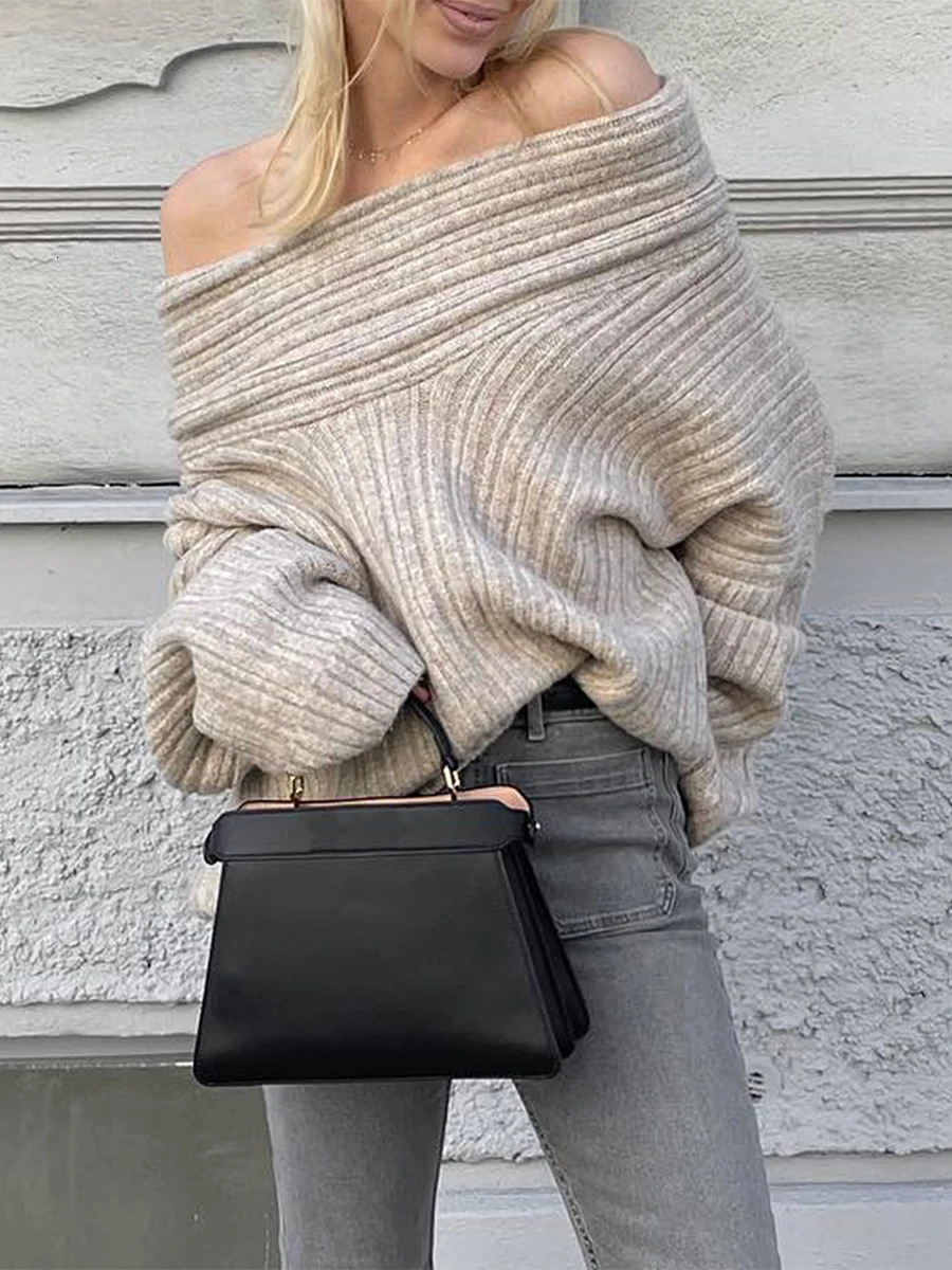 Womens y2k gray shoulder loose knit sweater with solid long sleeves boat neck drawstring lapel autumn and winter casual jumper 241019