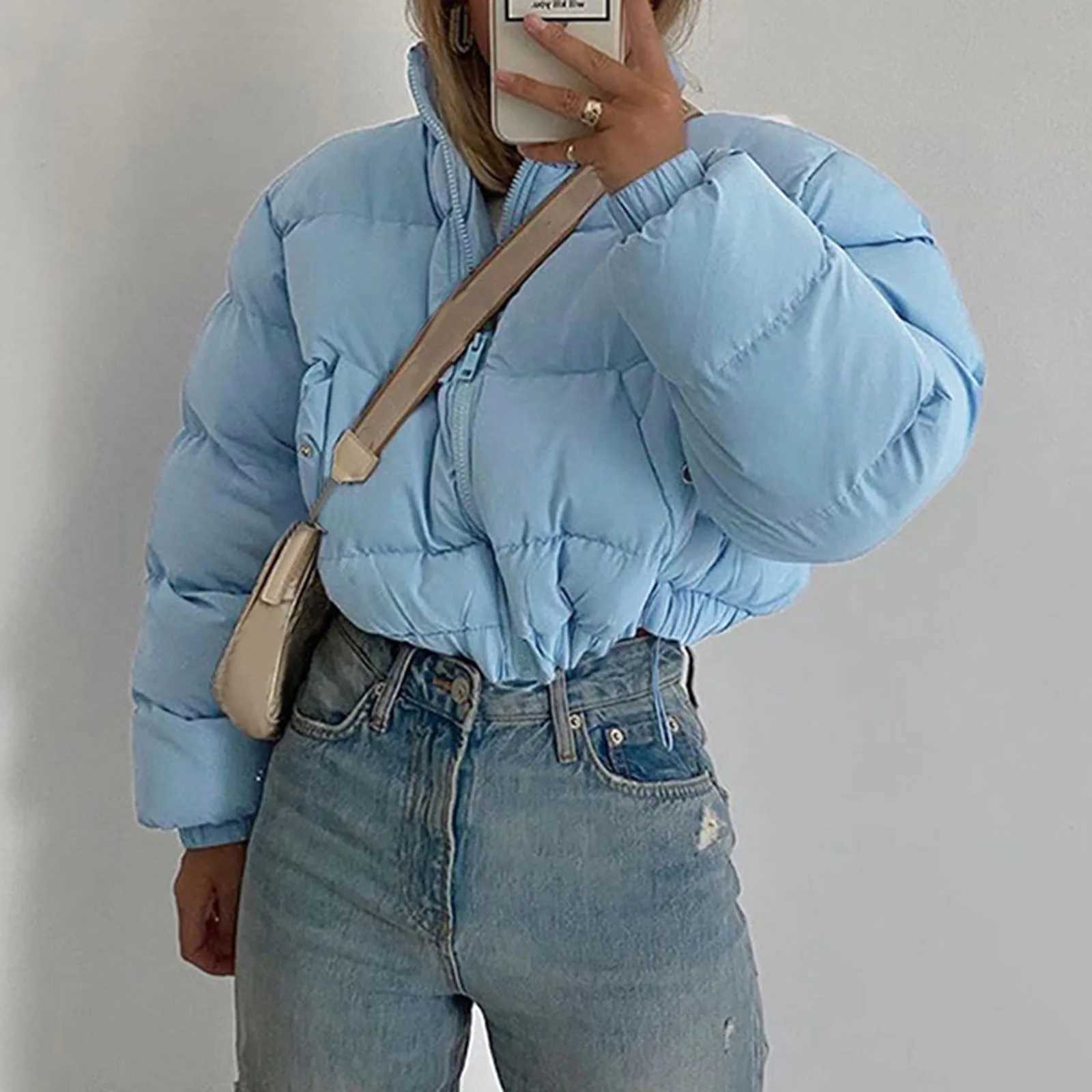 Women's Down Parkas Womens Short Inflatable Jacket Warm Casual Hot Strt Set Womens Cotton Mat Thick Drawstring Park Zipper Winter Bubble Jacket Y
