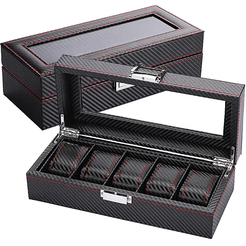 WellZone Fashion Style 5/6/10/12 Position Black Carbon Fiber Pattern Display Jewelry Storage Box Watch Storage Box 241018
