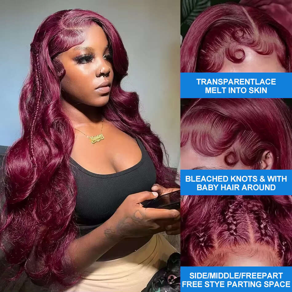 Luvin 99J Bury Body 13x4 13x6 Lace Frontal 30 32 Inches Water Wave 200% HD Transparent Human Hair Wigs For Women