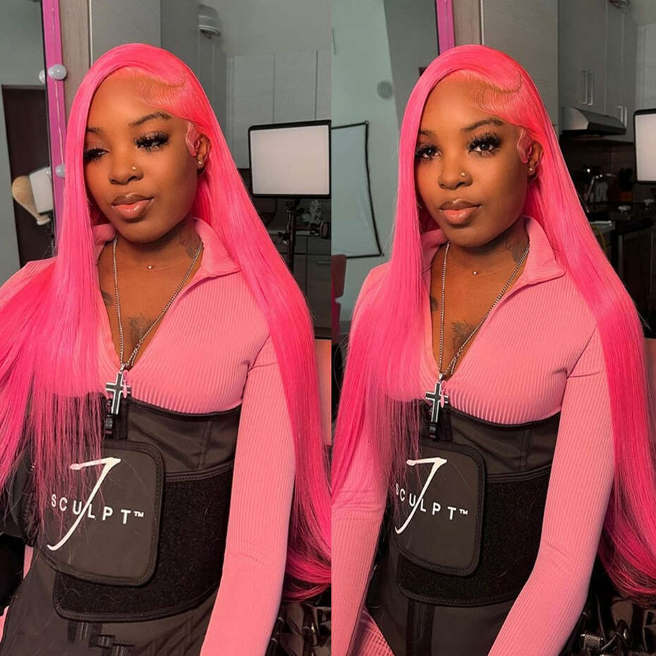 30 36 inch Hot Pink Transparent Front Wig 13x6 Lace Frontal For Women Long Straight Colored Human Hair Wigs