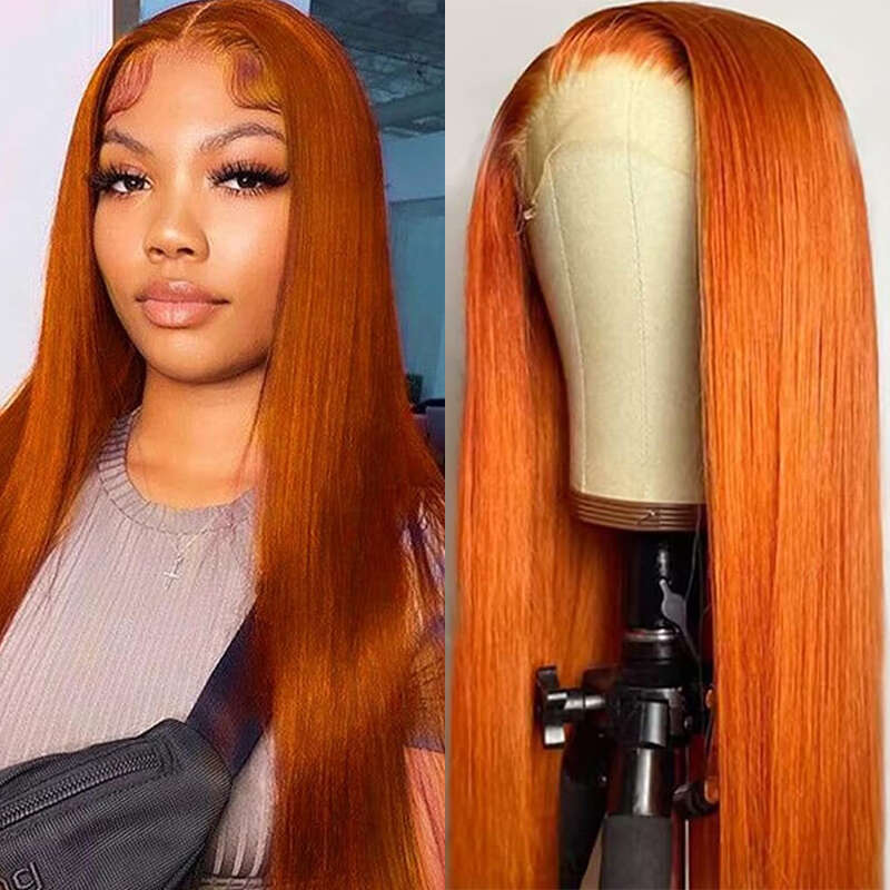 Ginger x Orange Straight Lace Frontal Wigs Colored Transparent Front Human Hair Wig For Women PrePlucked