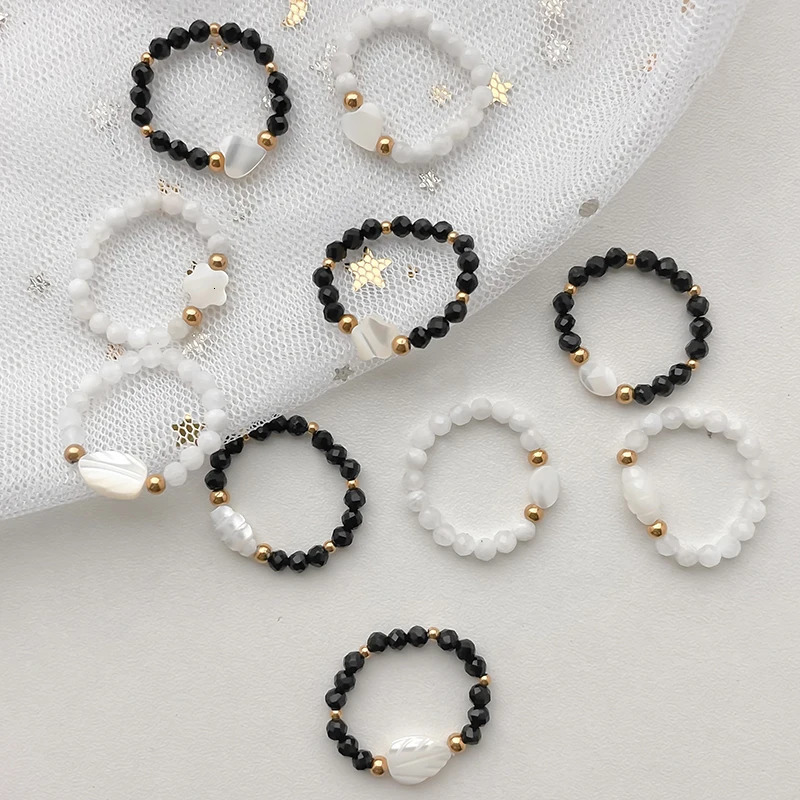Fashion Natural Stone Moonstone Obsidian Rings For Women Girls Stainless Steel Beaded Ring Wedding Party Jewelry Gift Wholesale 241010