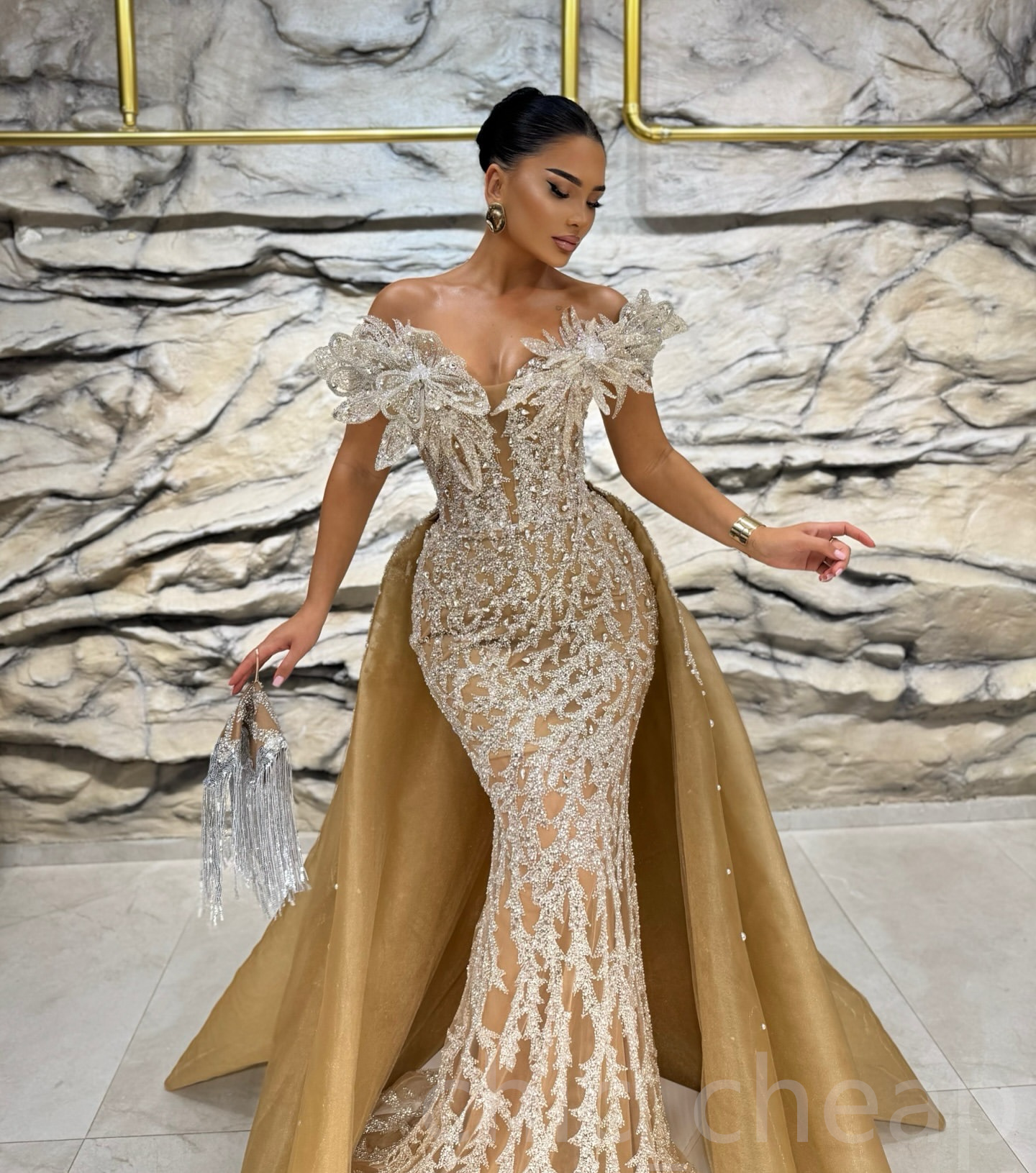 Aso Ebi 2024 Gold Illusion Mermaid Prom Dresses wers Rhies Lace Evening Formal Party Second Reception Birthday Gowns Dress For Special Ocns ZJ048