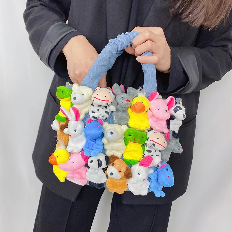 Fashionable womens denim bucket cartoon toy decoration handbag and wallet womens cute doll shoulder bag cross body bag 241018 ww