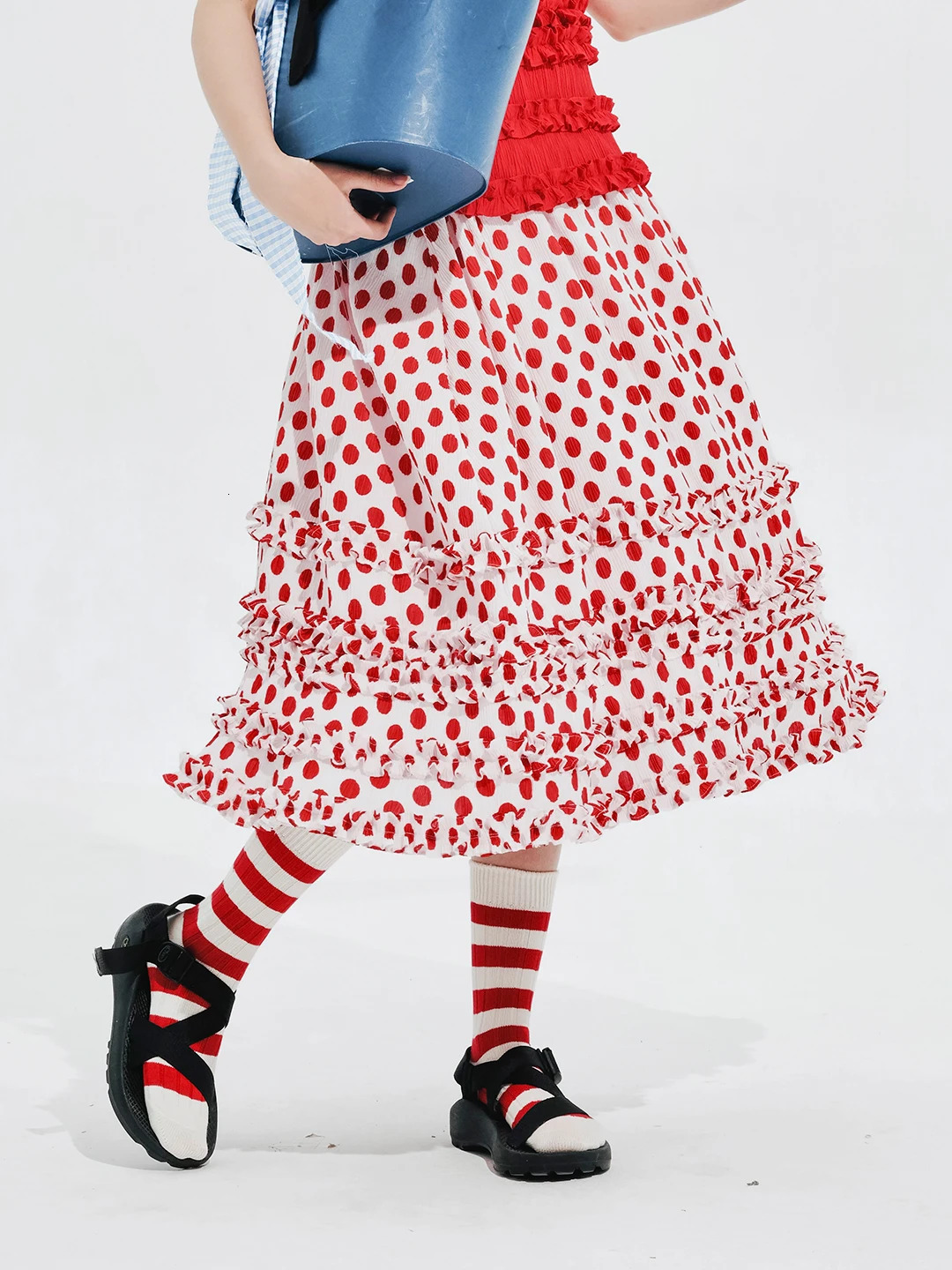IMAKOKONI original n elastic waist polka dot lace stitching red skirt for women 244660 241019