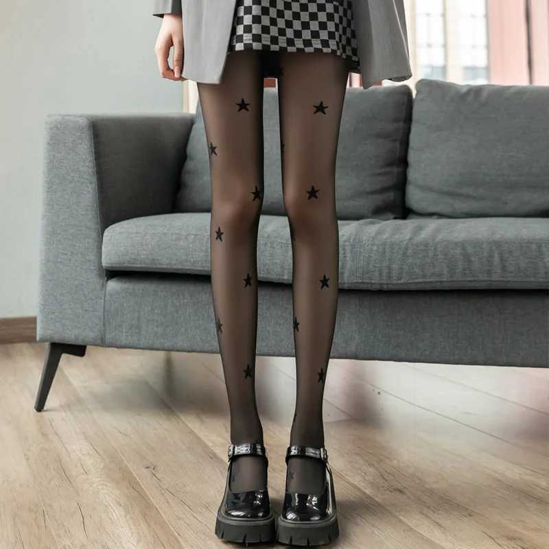 Socks Hosiery Punk Style Star Print Tights Y2k Girls Thigh High Stockings Pantyhose Women Lingerie Sexy Slim Body Stockings Black Women Tights Y240833