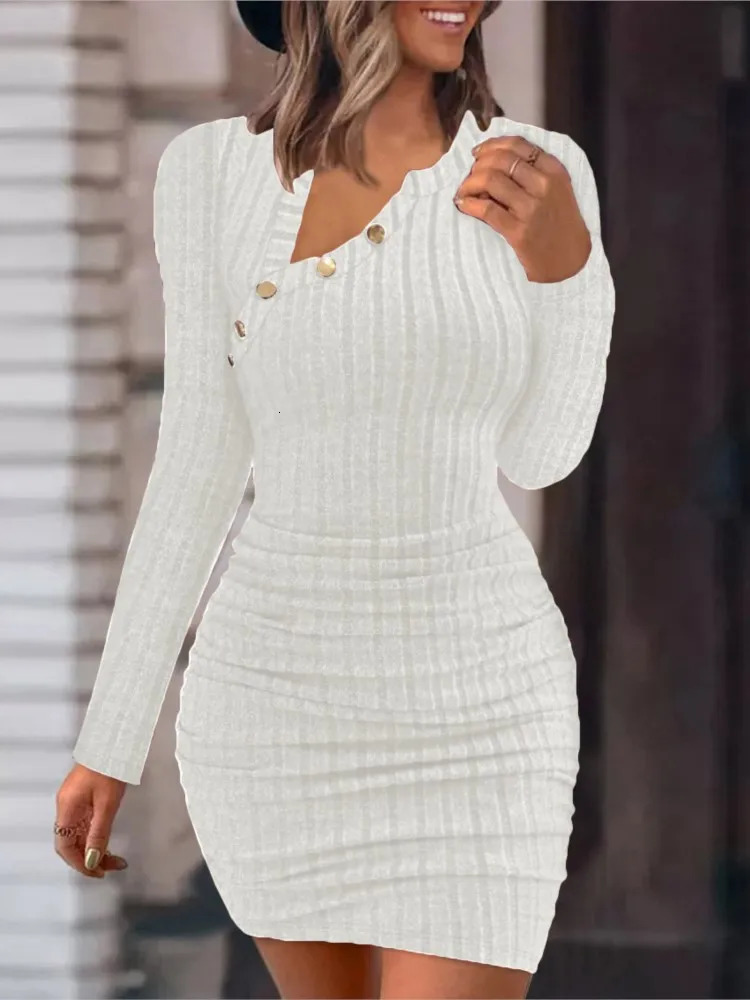 Fall/Winter Solid Color Tight Dress 2024 Elegant Long Sleeve Mini Dress Fashion Womens Round Neck Button Slimming Dress 241017