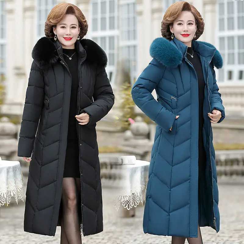 Women Warm Winter Long Parka Coat Middle-aged Mother Slim Down cotton Thicken Jacket Female Fur collar Hooded Outwear Parkas 8XLX241019