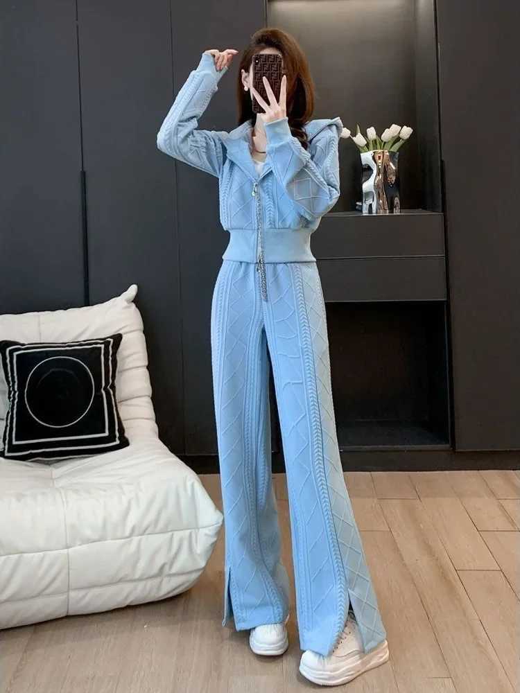 Women's Two Piece Pants Slit Wide Leg Womens Pants Two Piece Set Blue Tracksuit Autumn Winter Sport Ladies Trouser Hooded Sweatshirt Tailor D Lux