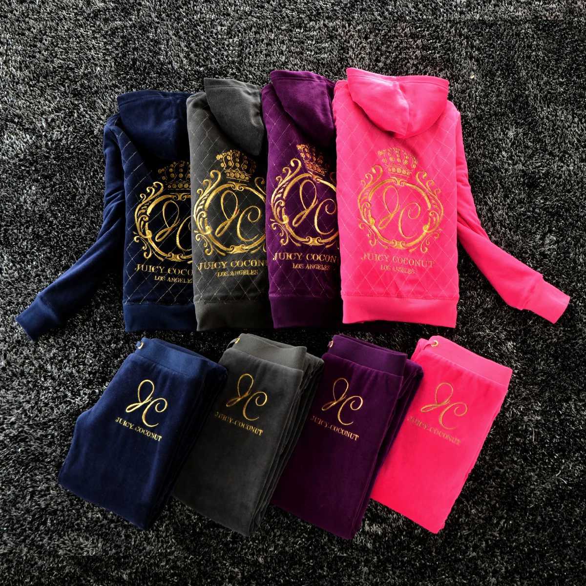 Women's Two Piece Pants Juicy comedy autumn and winter thick velvet womens set warm winter womens 2-piece hooded sweatshirt+thick Trouser Y241019