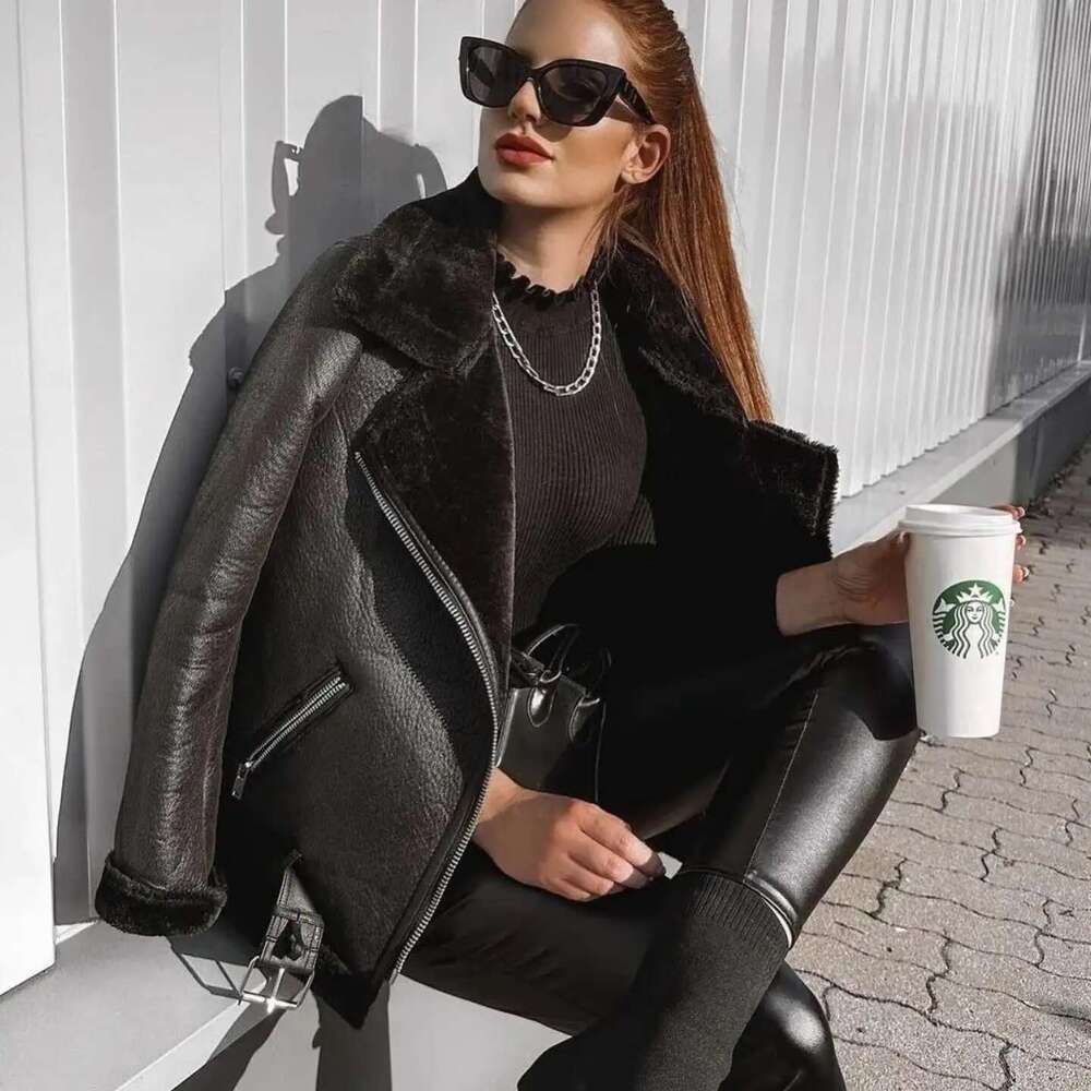 Warm Women Faux Fur Jacket With Belt Streetwear Female Moto Biker Loose Thicken Coat Fashion Autumn Winter Outwear