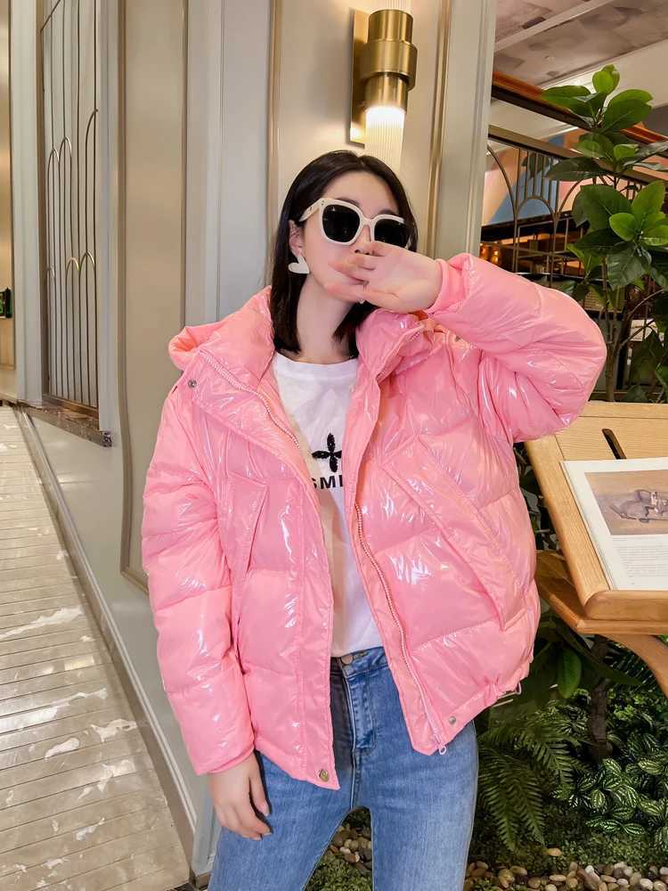 Women's Down Parkas Candy Colors Hooded glossy cotton padded jacket for women short and warm Parkas 2023 winter casual long slip cotton jacket Y2