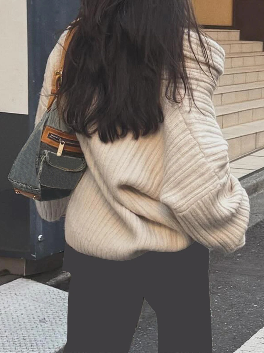 Womens y2k gray shoulder loose knit sweater with solid long sleeves boat neck drawstring lapel autumn and winter casual jumper 241019