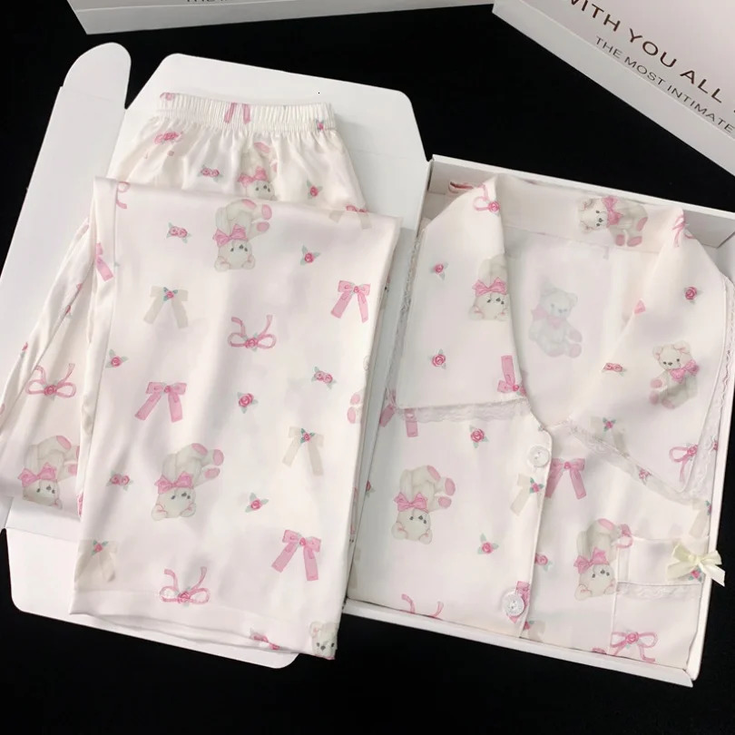 Spring/Summer Womens Fashion Pajama Home Set Ice Silk Pajama Comfortable Casual Long Sleeve Home Clothes Real S 241009