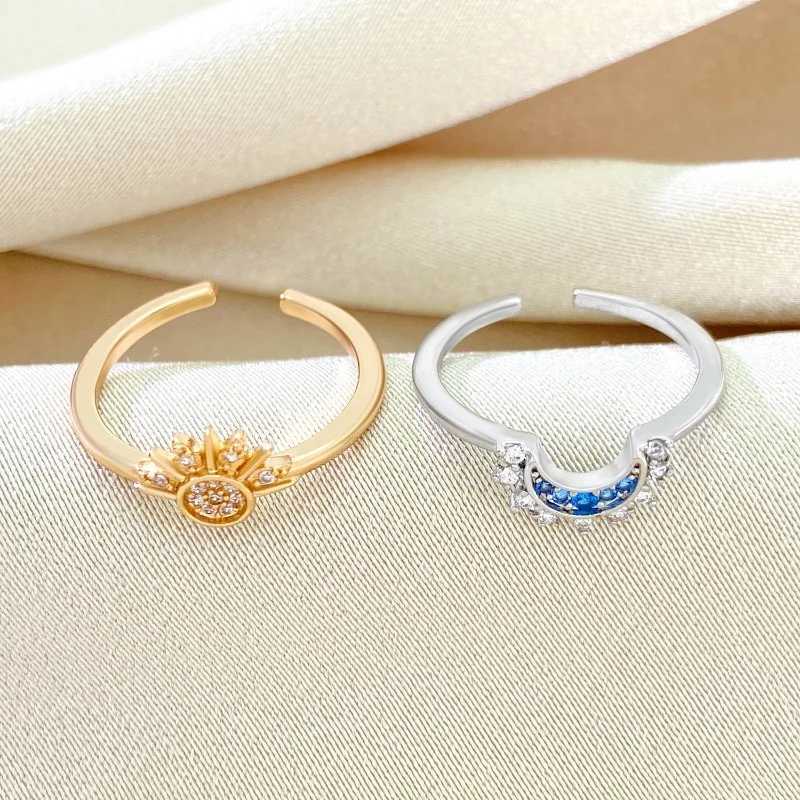 2-piece/set couple ring set sky blue sparkling moon and sun rings fashionable womens stackable finger set engagement jewelry Y241019