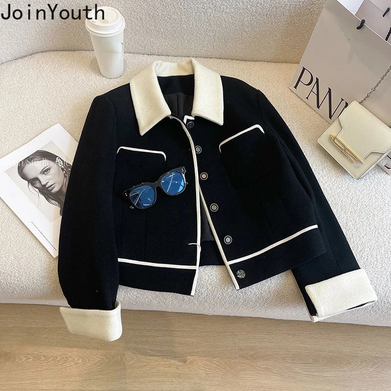 Temperament Jackets for Women Turndown Collar Long Sleeve Tunic Outwear Crop Tops Fashion Korean Vintage Tweed Coat Ropa Mujer 241019